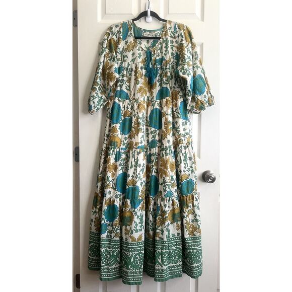 NATURAL LIFE Auguste Cream Green Border 100% Cotton Boho Maxi Dress Sz M - Picture 4 of 16
